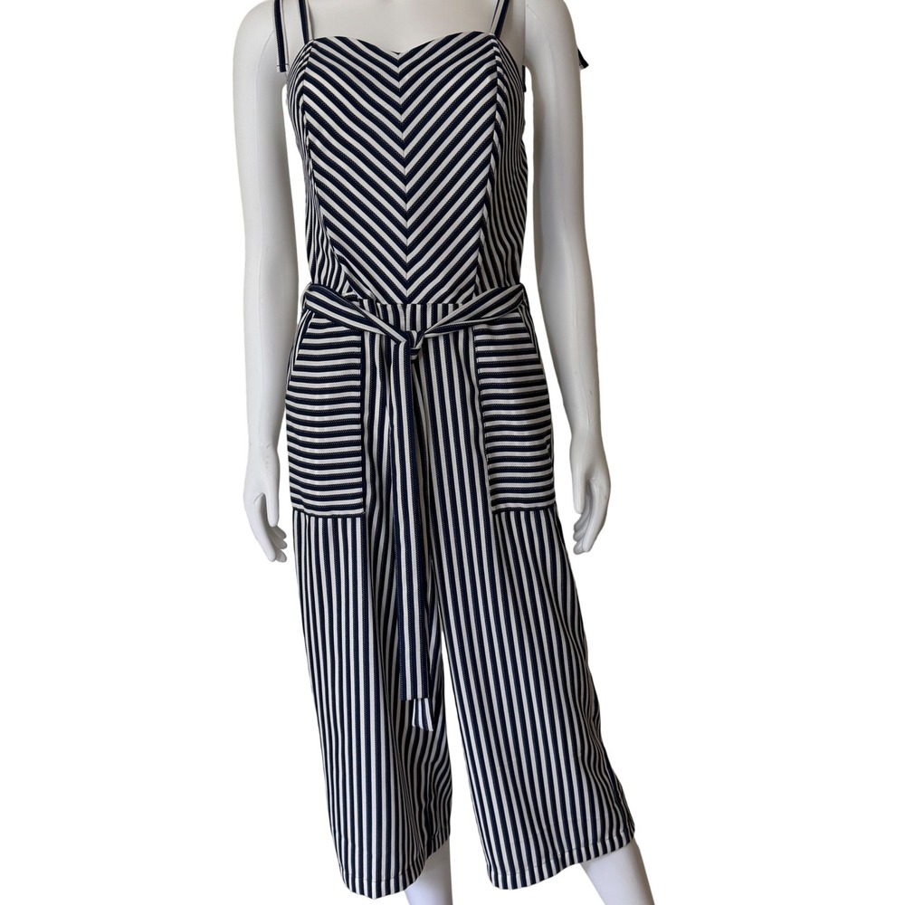Monteau Los Angeles Navy White Striped Wide Leg Jumpsuit Culottes Medium